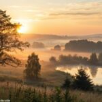 Imagem de um amanhecer tranquilo sobre uma paisagem serena, simbolizando a reflexão espiritual e a paz.
