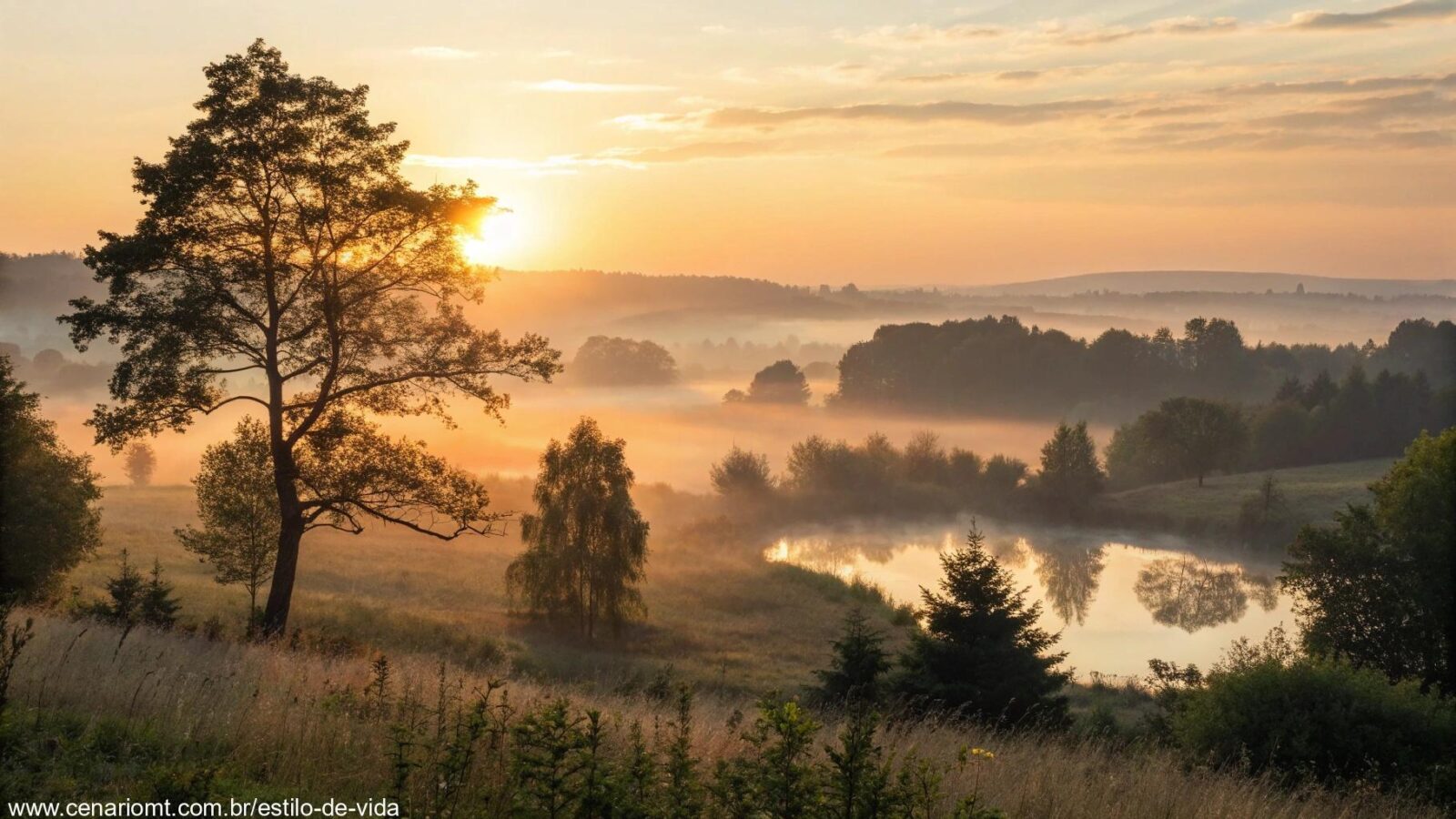 Imagem de um amanhecer tranquilo sobre uma paisagem serena, simbolizando a reflexão espiritual e a paz.