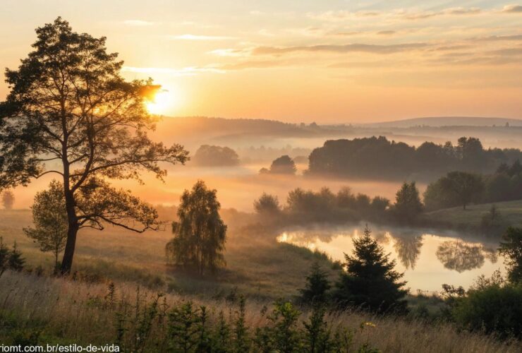 Imagem de um amanhecer tranquilo sobre uma paisagem serena, simbolizando a reflexão espiritual e a paz.