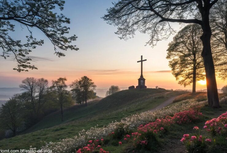 Paisagem serena ao nascer do sol com uma cruz em uma colina, cercada por flores desabrochando e luz suave filtrando pelas árvores