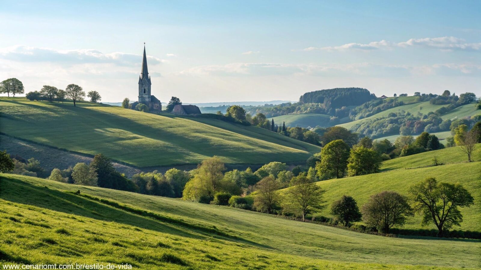Imagem tranquila de uma paisagem campestre com colinas verdes, céu azul claro e uma igreja ao fundo, simbolizando reflexão e oração, adequada para a reflexão do evangelho diário.