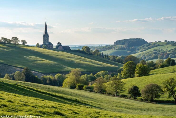 Imagem tranquila de uma paisagem campestre com colinas verdes, céu azul claro e uma igreja ao fundo, simbolizando reflexão e oração, adequada para a reflexão do evangelho diário.