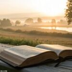 Imagem de uma Bíblia aberta com luz suave da manhã destacando as palavras 'Evangelho do Dia', com uma paisagem rural tranquila ao fundo.