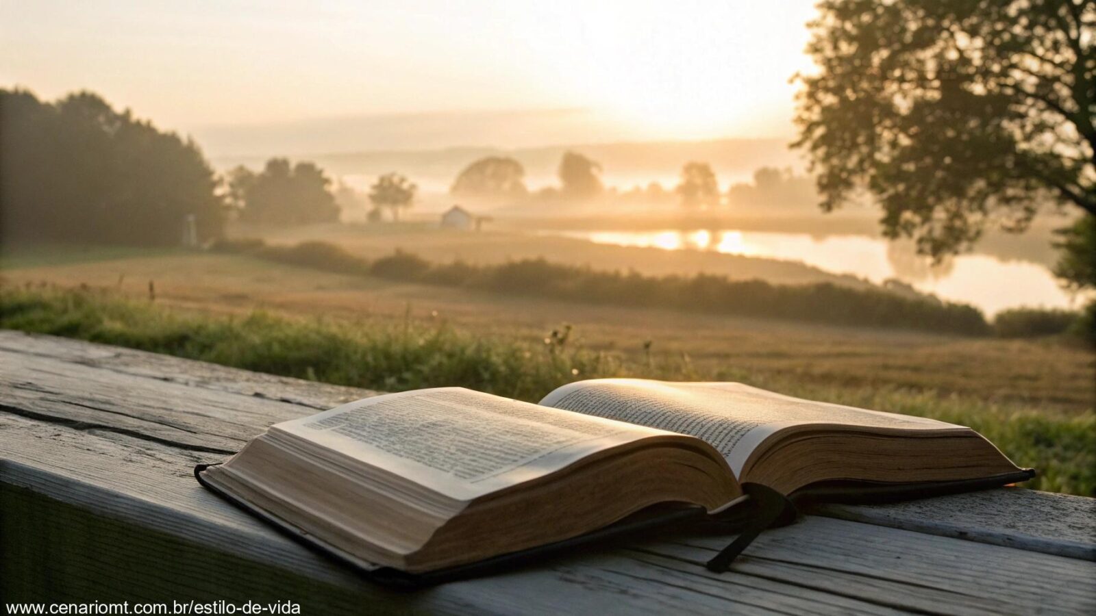 Imagem de uma Bíblia aberta com luz suave da manhã destacando as palavras 'Evangelho do Dia', com uma paisagem rural tranquila ao fundo.