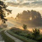 Amanhecer sereno sobre uma paisagem tranquila, com raios de luz suave iluminando um caminho calmo por uma floresta.