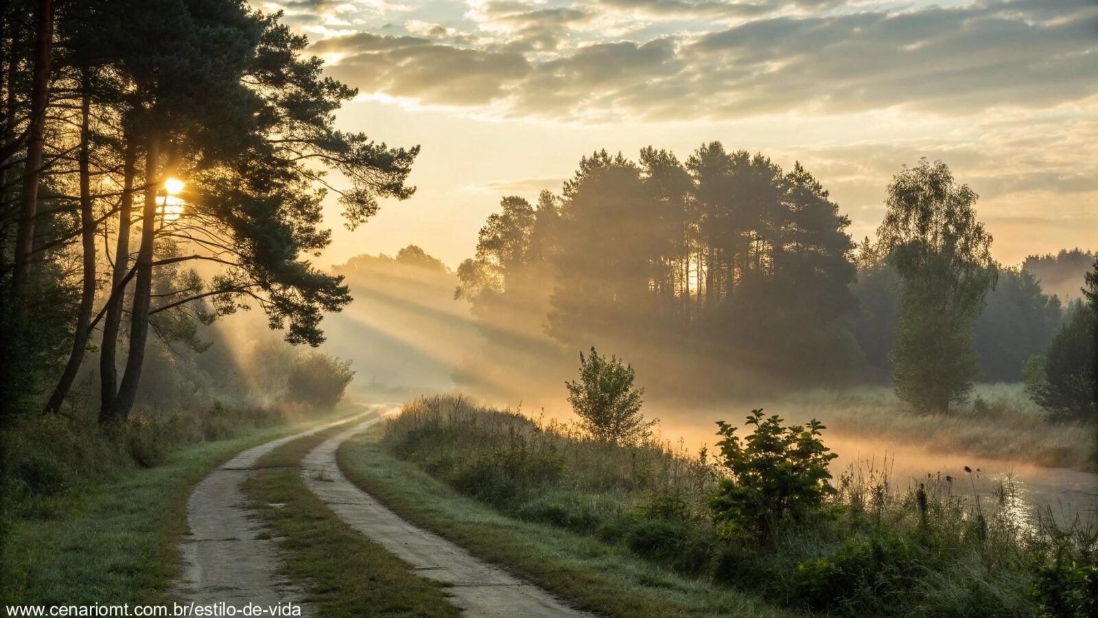 Amanhecer sereno sobre uma paisagem tranquila, com raios de luz suave iluminando um caminho calmo por uma floresta.