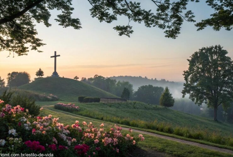 Paisagem serena ao nascer do sol com uma cruz no topo de uma colina, cercada por flores desabrochando e luz suave filtrando pelas árvores