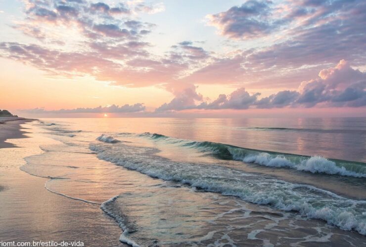 Paisagem tranquila e serena de um nascer do sol sobre o mar calmo, com cores suaves no céu e ondas suaves na costa, simbolizando um novo começo e reflexão para o dia.