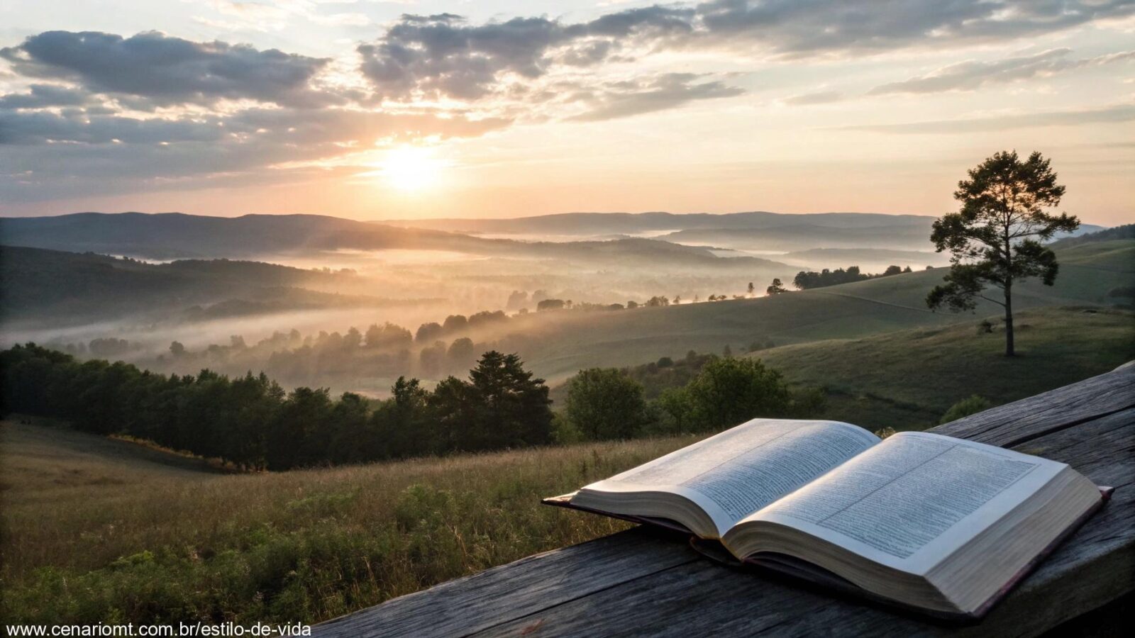Imagem tranquila com um nascer do sol suave, céus abertos e colinas distantes, simbolizando paz e reflexão. No primeiro plano, uma Bíblia aberta com um brilho suave.