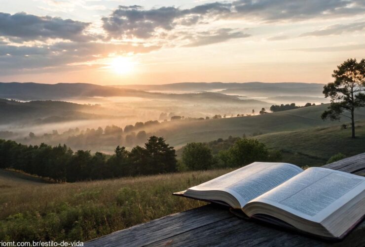 Imagem tranquila com um nascer do sol suave, céus abertos e colinas distantes, simbolizando paz e reflexão. No primeiro plano, uma Bíblia aberta com um brilho suave.
