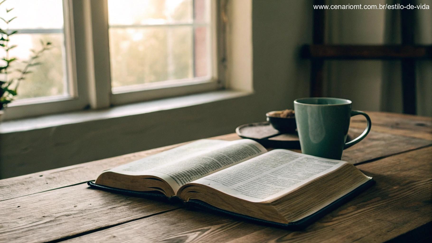 Cena tranquila de manhã com a Bíblia aberta sobre uma mesa de madeira, com luz suave caindo nas páginas, simbolizando a reflexão do Evangelho do dia.