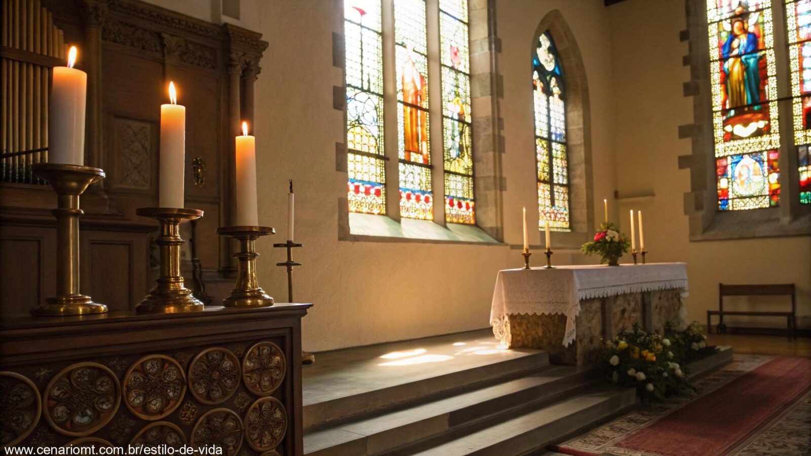 Altar de igreja sereno e pacífico, com velas acesas, refletindo uma atmosfera calma de um serviço de terça-feira de manhã, com luz natural passando pelas janelas de vitrais.