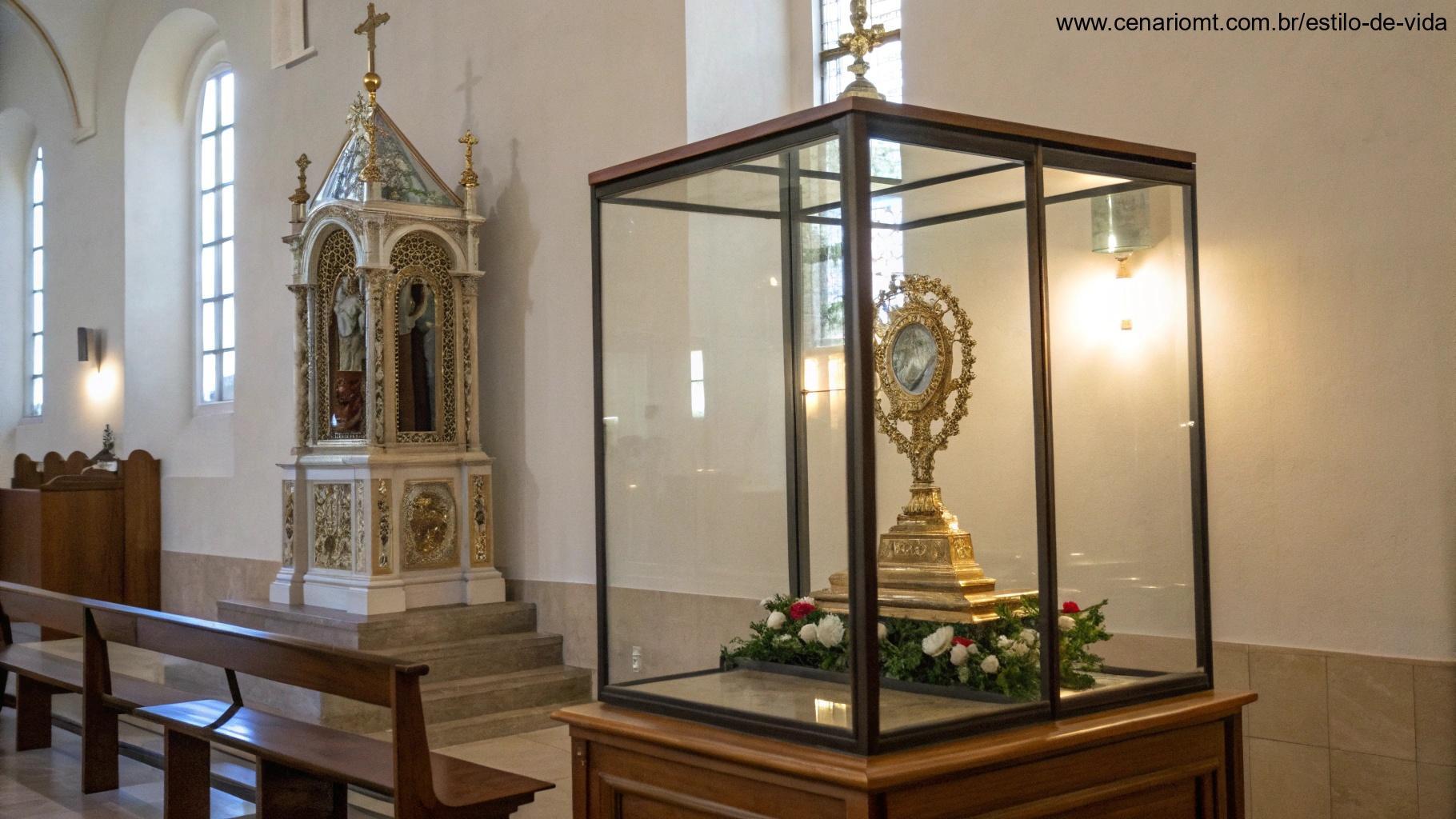 Imagem das relíquias de um santo em uma vitrine, com iluminação suave destacando os detalhes e um banco de oração à frente.