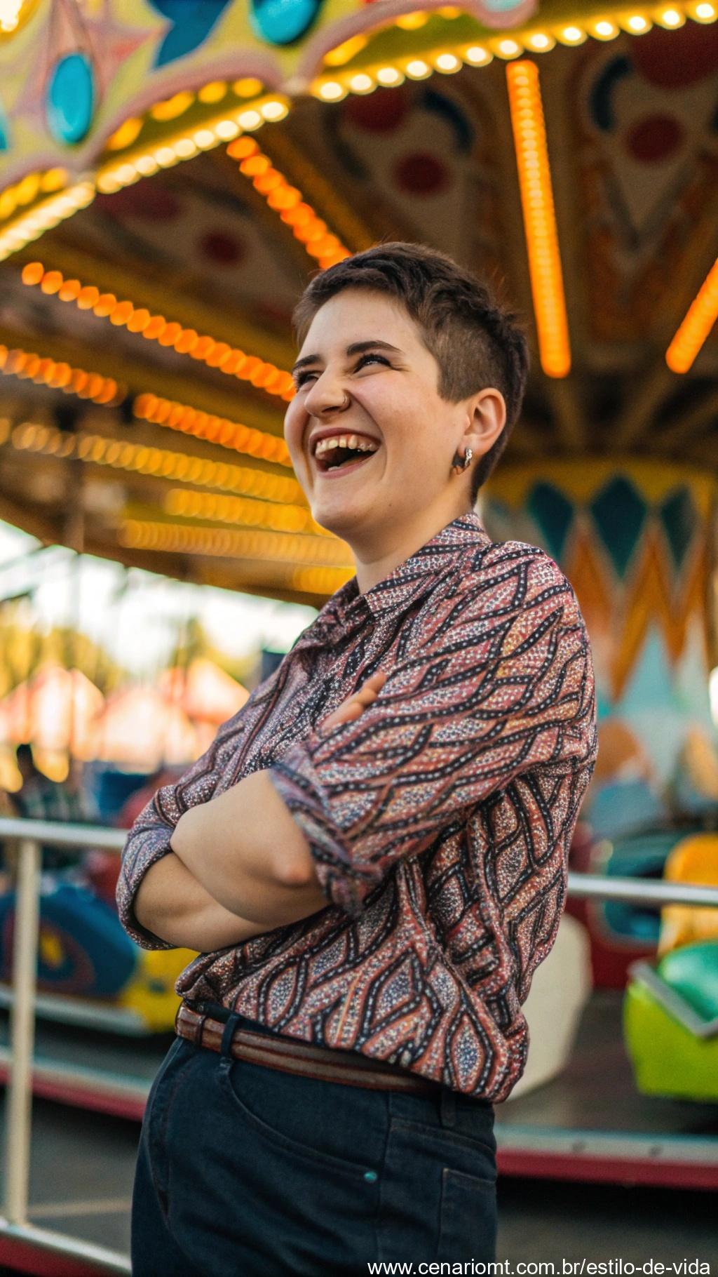 Exibe sua personalidade, uma pessoa com cabelo curto expressando confiantemente sua individualidade através de seu estilo, posando com uma expressão alegre e autêntica em um ambiente vibrante.
