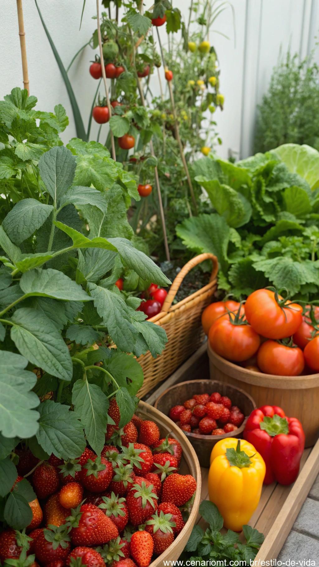 Horta caseira diversificada com vegetais e frutas frescas.
