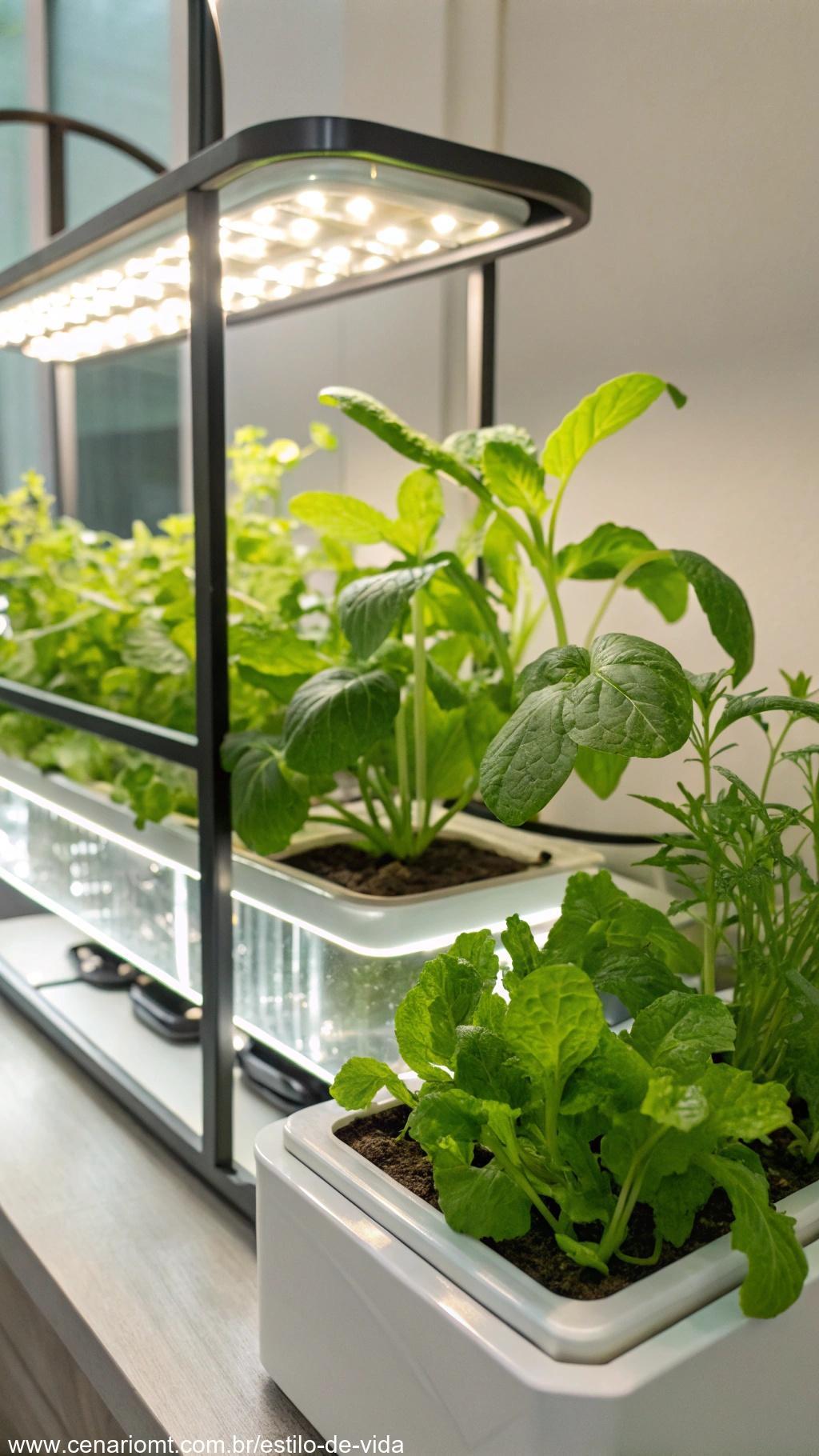 Sistema hidropônico com temperos cultivados em água.