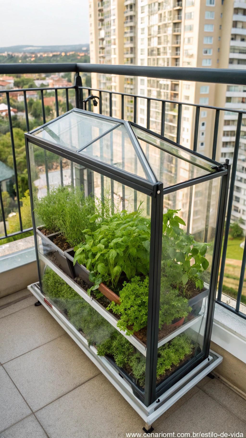 Mini estufa com temperos protegidos em ambiente controlado.