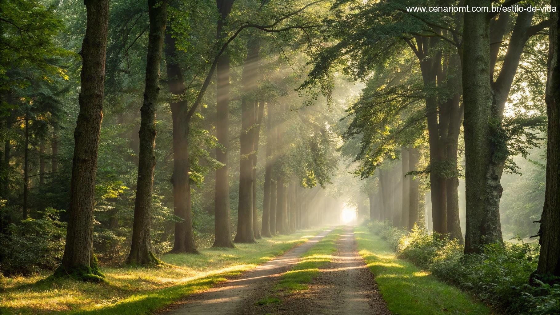 Caminho tranquilo na floresta com árvores altas e luz suave filtrando pelas folhas.