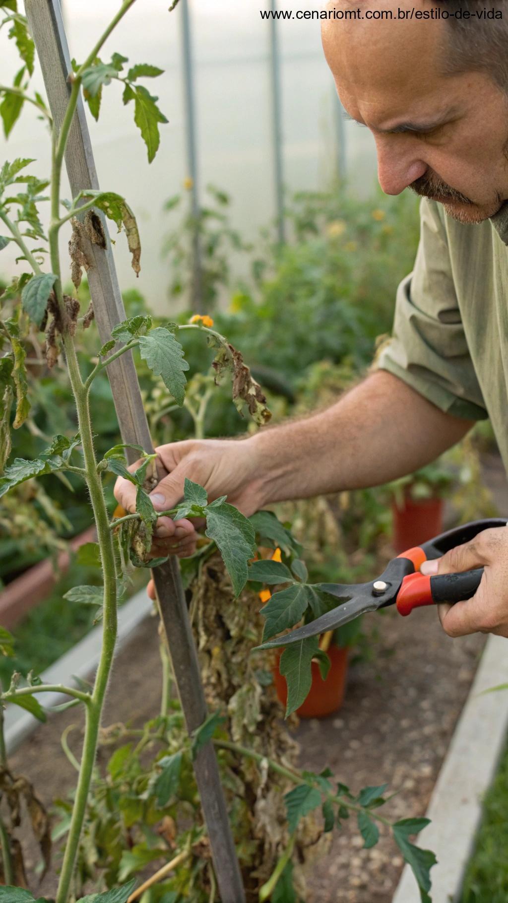 Jardineiro podando folhas secas de uma planta de tomate.