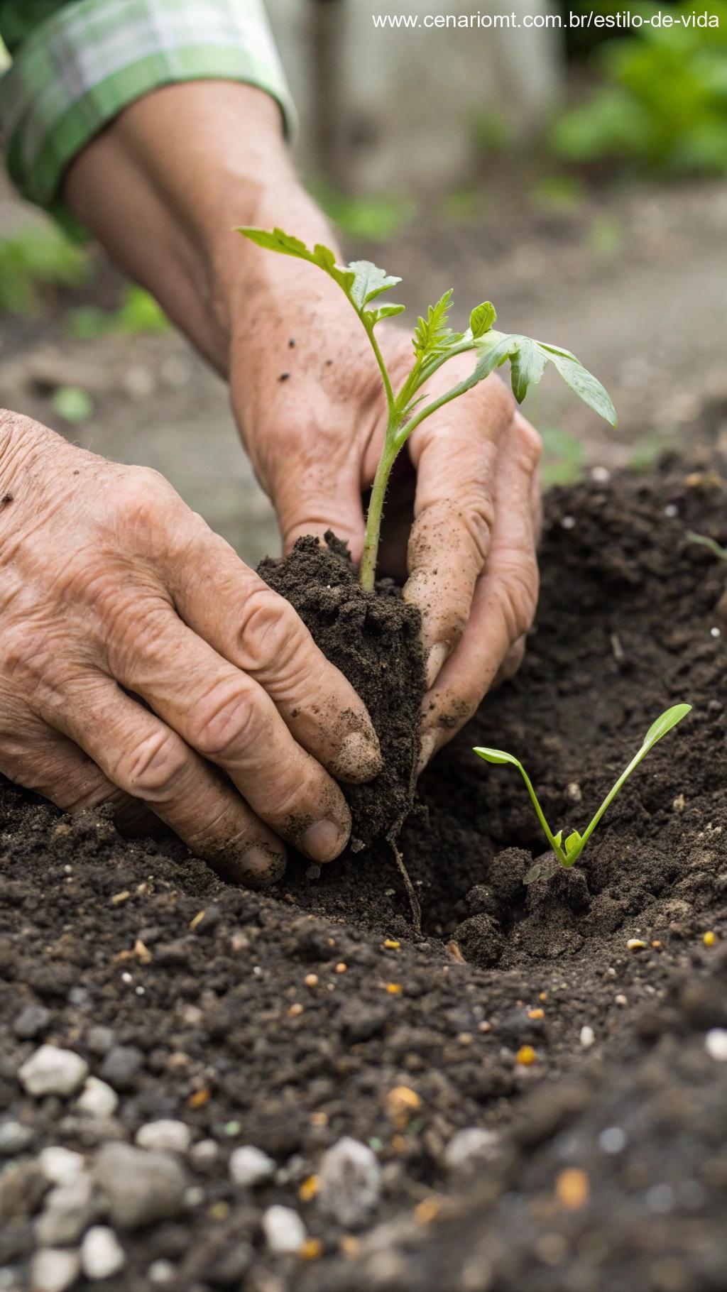 Mãos plantando uma muda na terra.