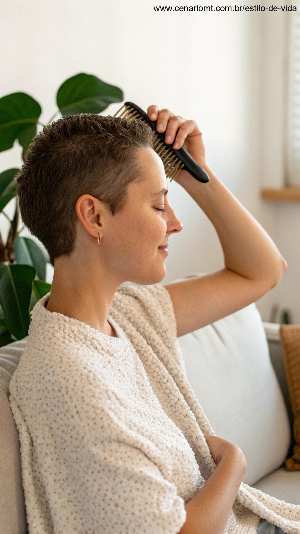 Facilidade para manter o corte, uma pessoa com cabelo curto aproveitando uma rotina de cuidados simples, escovando seus cabelos sem esforço enquanto relaxa em casa.