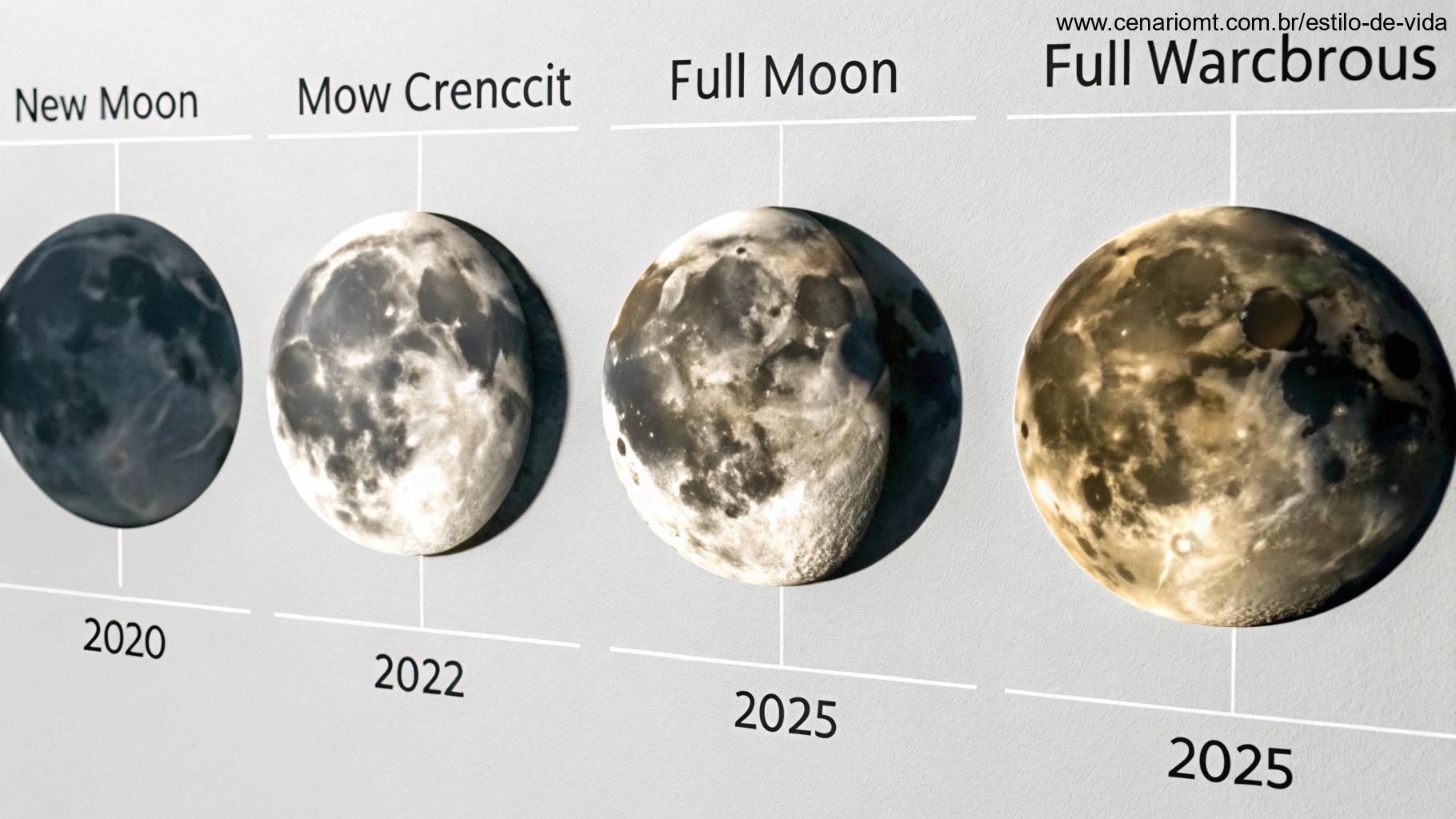 Gráfico da lua ilustrando as fases da lua em 05/03/2025, com uma distinção clara entre as diferentes fases como lua nova, lua crescente, lua cheia e lua minguante.