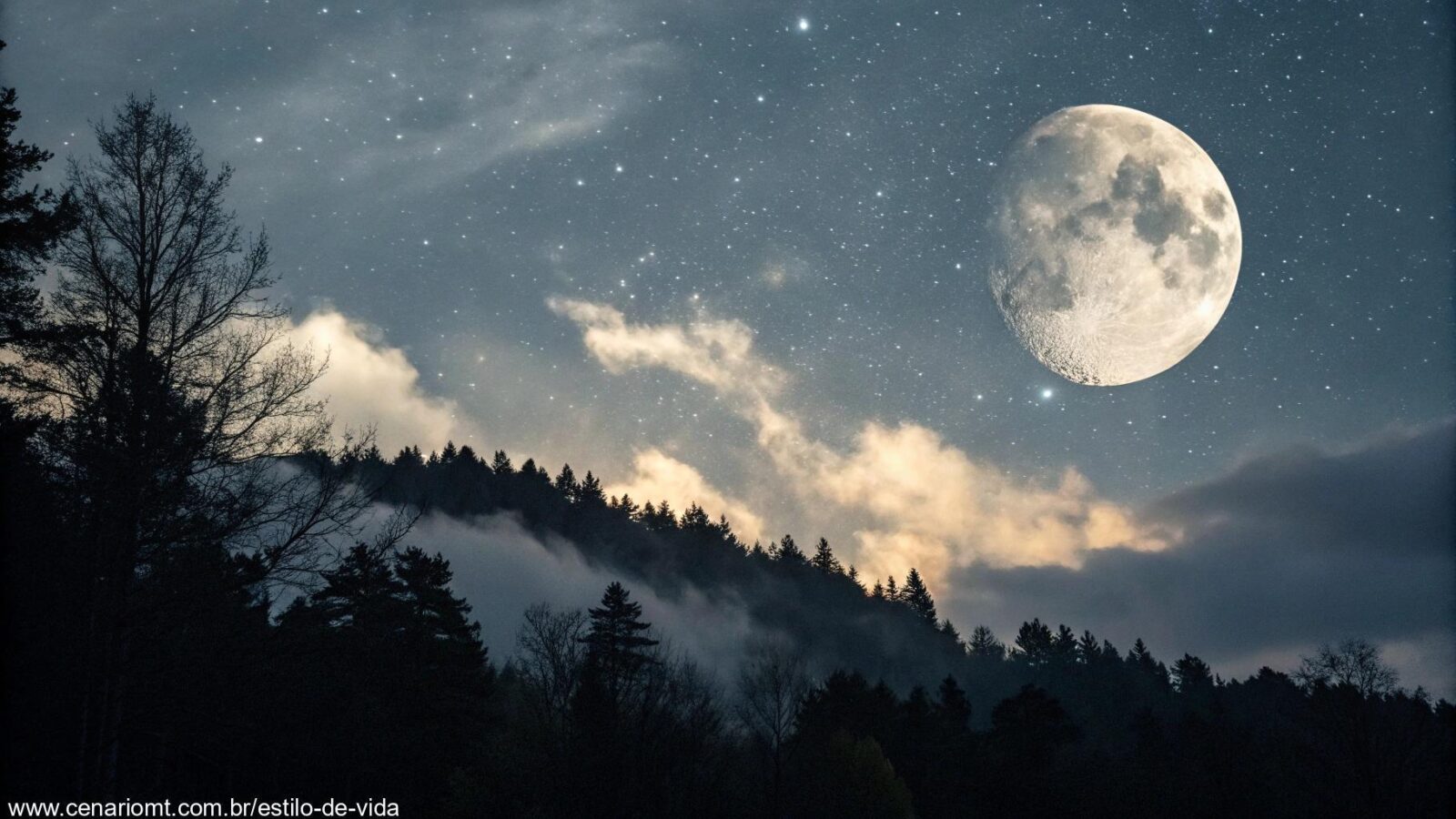 Céu noturno sereno com uma lua gibosa minguante, parcialmente iluminada, cercada por estrelas fracas e nuvens suaves, criando uma atmosfera pacífica e mística