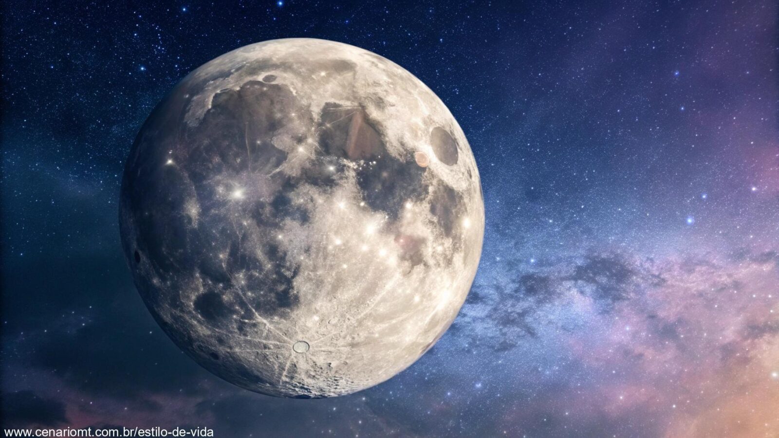 Imagem da fase atual da Lua em 27 de março de 2025, com um céu estrelado ao fundo.