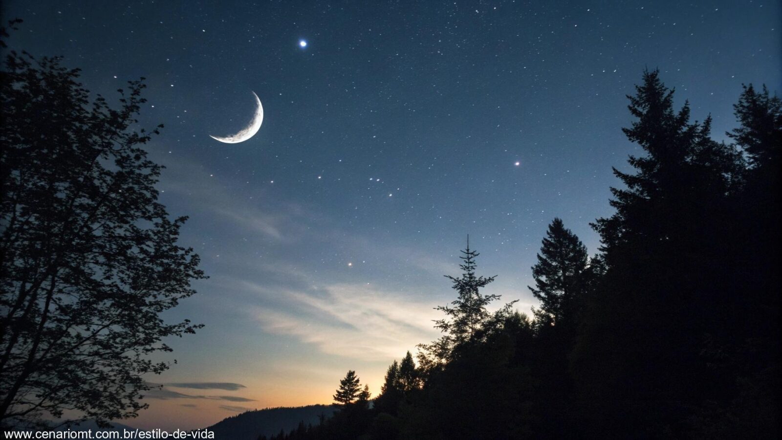 Imagem do céu noturno sereno marcando o início da Lua Nova em 29 de março de 2025.