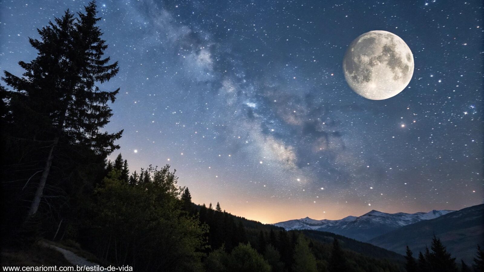 Fase da Lua hoje, domingo 30/03/2025, com um céu noturno repleto de estrelas.