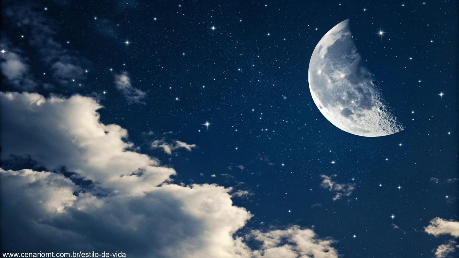 Céu noturno sereno com uma lua minguante, rodeada por nuvens dispersas e uma suave iluminação.