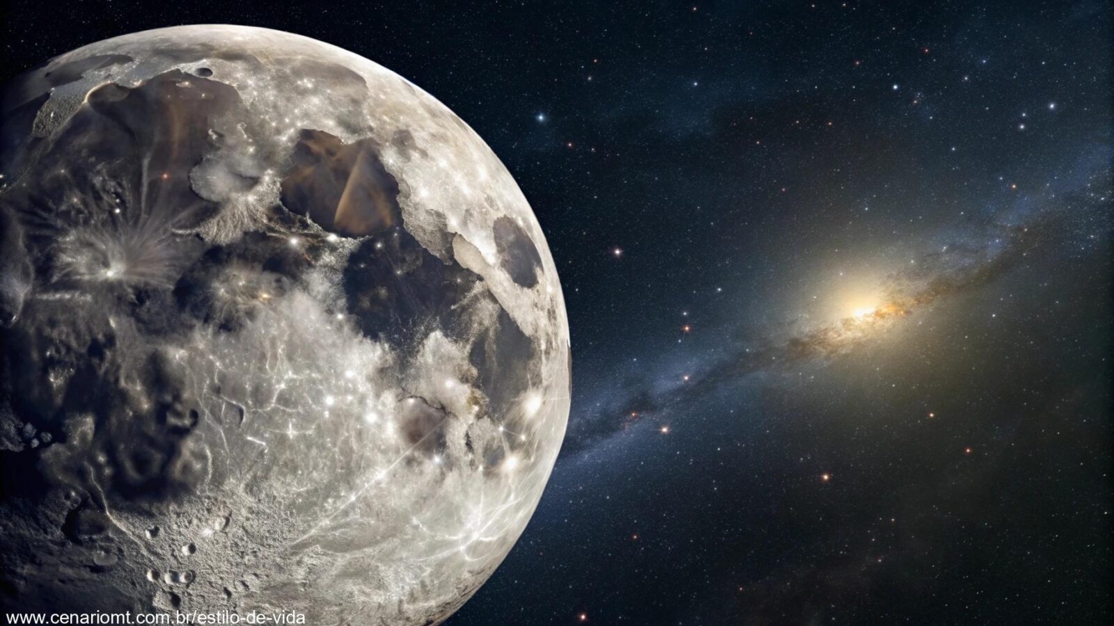 Fase atual da Lua em 26 de março de 2025, com detalhes realistas da superfície lunar e um céu estrelado.
