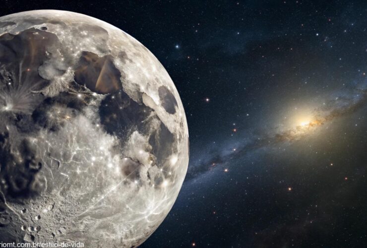 Fase atual da Lua em 26 de março de 2025, com detalhes realistas da superfície lunar e um céu estrelado.
