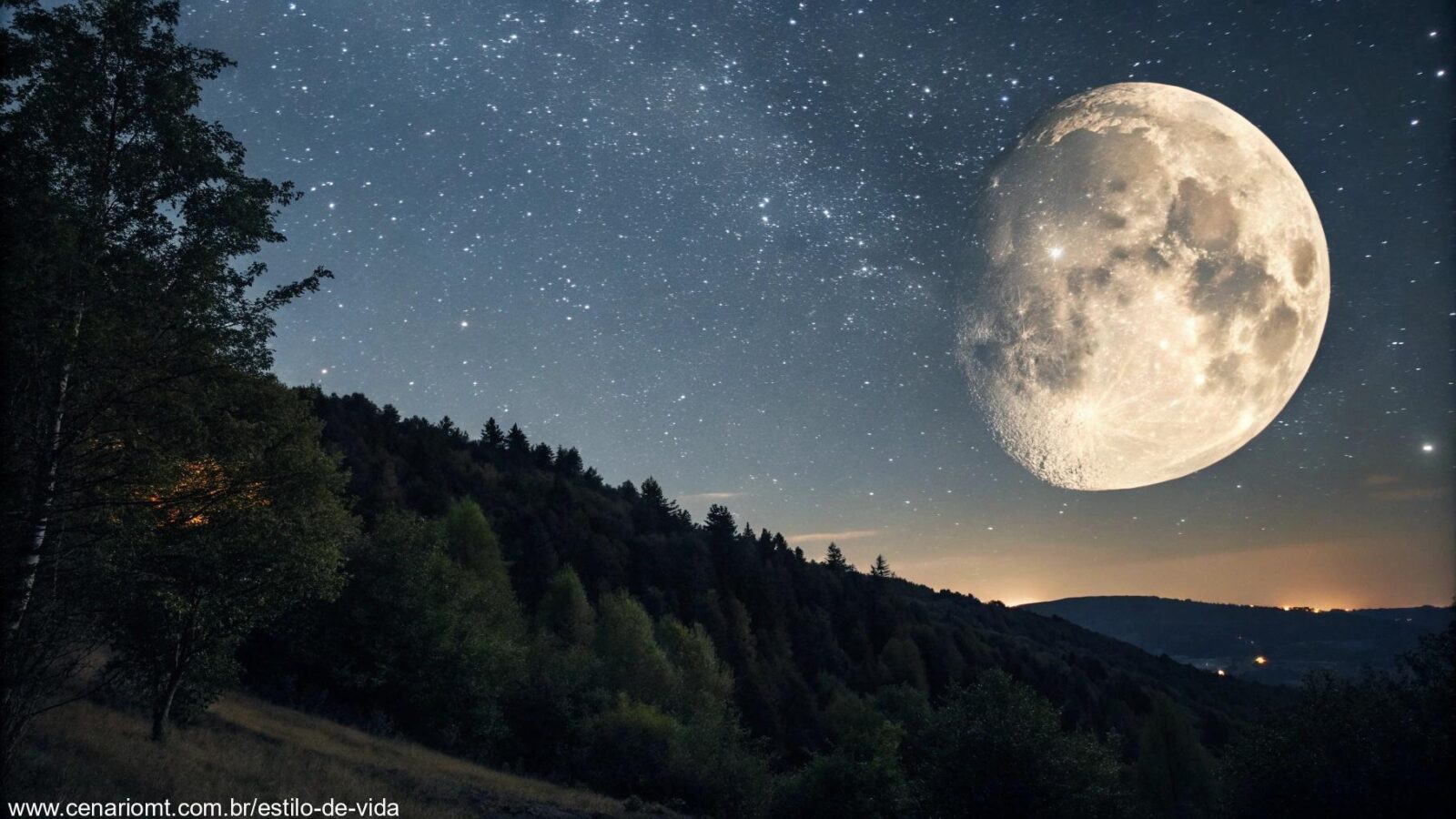 Imagem da Lua na fase Gibosa Crescente, com céu estrelado e iluminação suave.