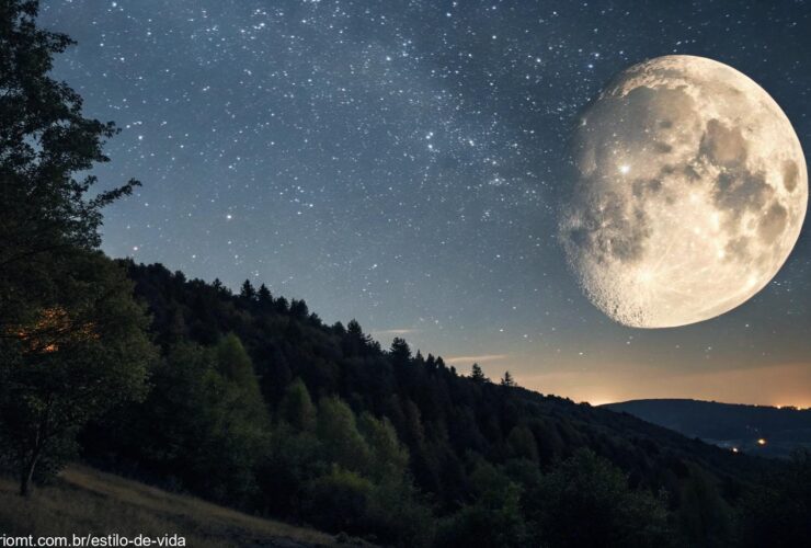 Imagem da Lua na fase Gibosa Crescente, com céu estrelado e iluminação suave.