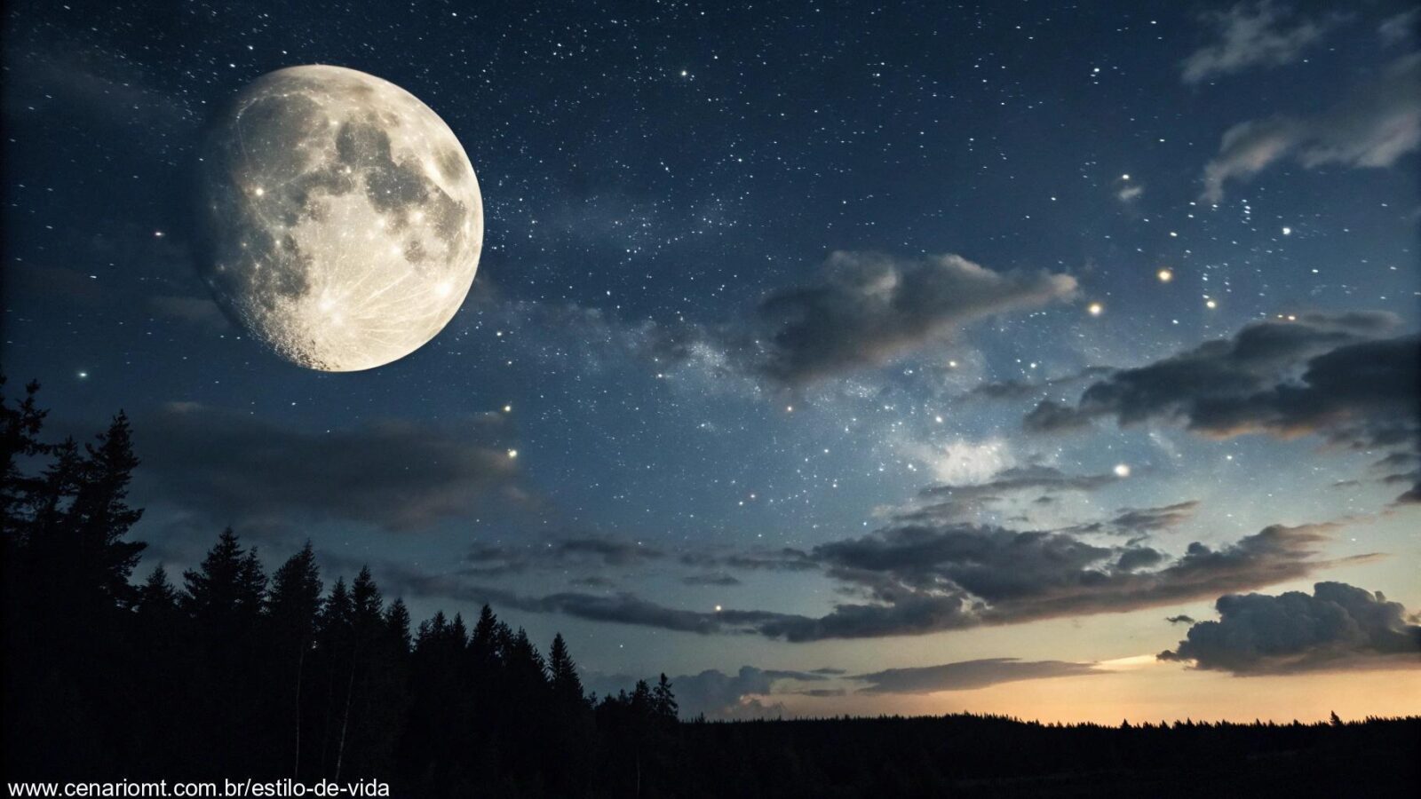 Céu noturno sereno com a lua gibosa minguante, parcialmente iluminada, cercada por estrelas fracas e nuvens suaves