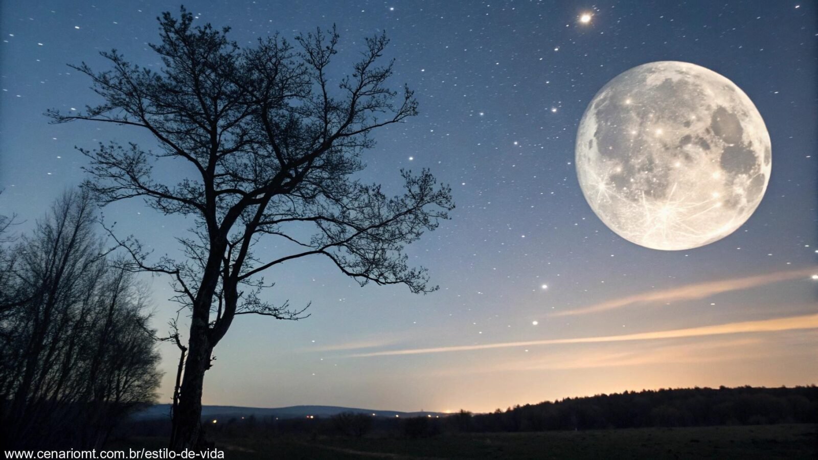 Fase da Lua hoje, sexta-feira, 07 de março de 2025, com a lua visível no céu noturno claro.