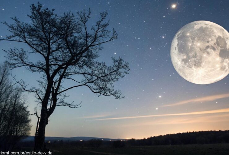 Fase da Lua hoje, sexta-feira, 07 de março de 2025, com a lua visível no céu noturno claro.