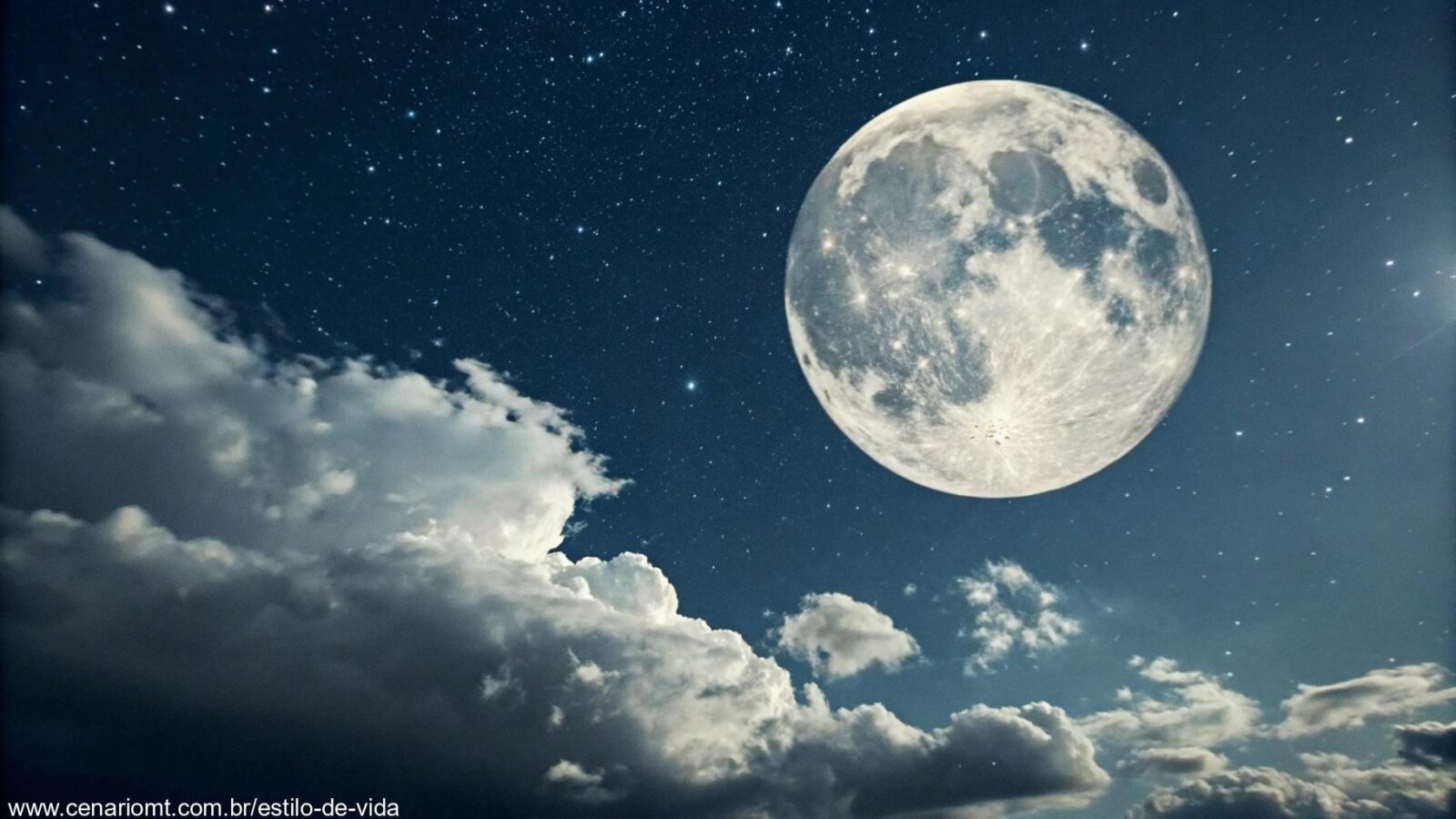 Imagem da lua cheia no céu noturno, rodeada por estrelas e nuvens.