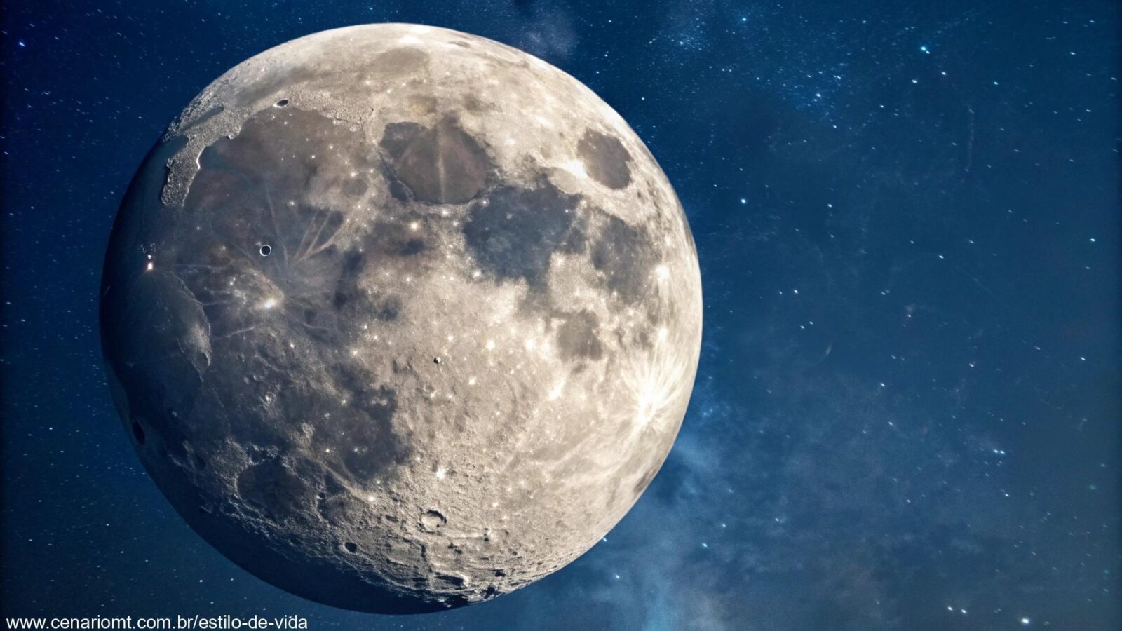 Imagem realista da fase da Lua para sexta-feira, 21 de março de 2025, com detalhes da superfície lunar e céu estrelado.