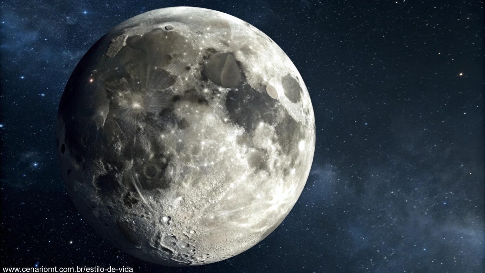 Imagem detalhada da fase da Lua para sexta-feira, 28 de março de 2025, com um céu noturno estrelado.