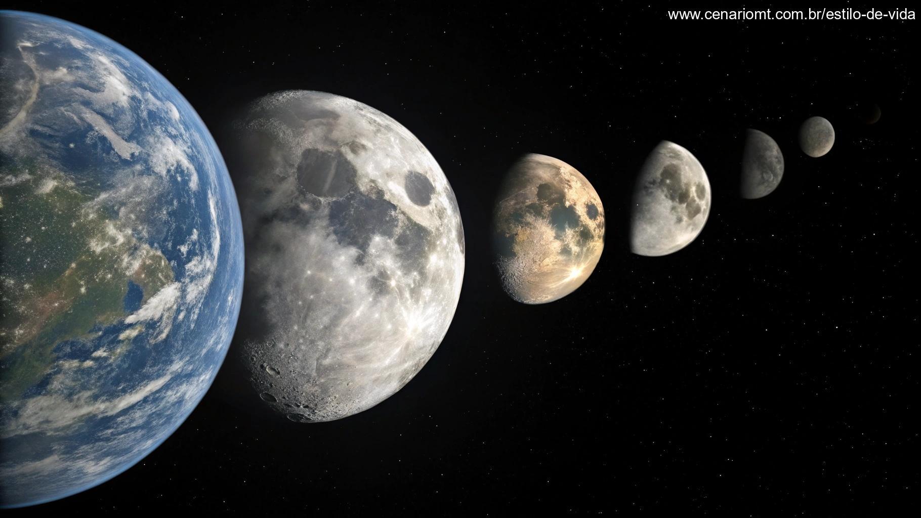 Ilustração científica mostrando as fases da lua e seus efeitos.