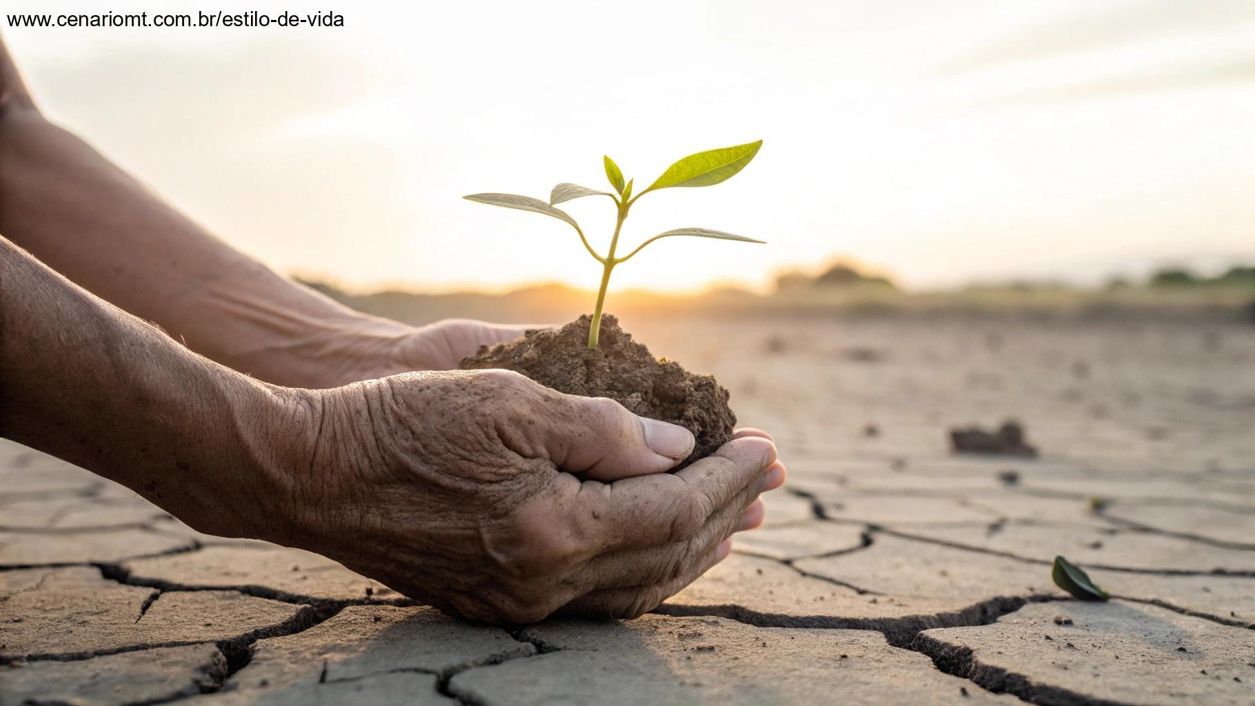 Um par de mãos marcadas segurando delicadamente uma planta brotando da terra seca e rachada, com um brilho suave envolvendo a nova vida