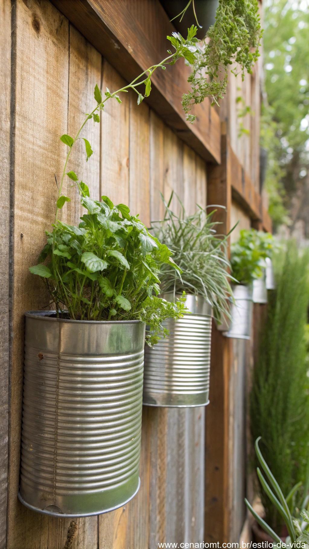 Latas recicladas fixadas na parede como vasos verticais para plantas.