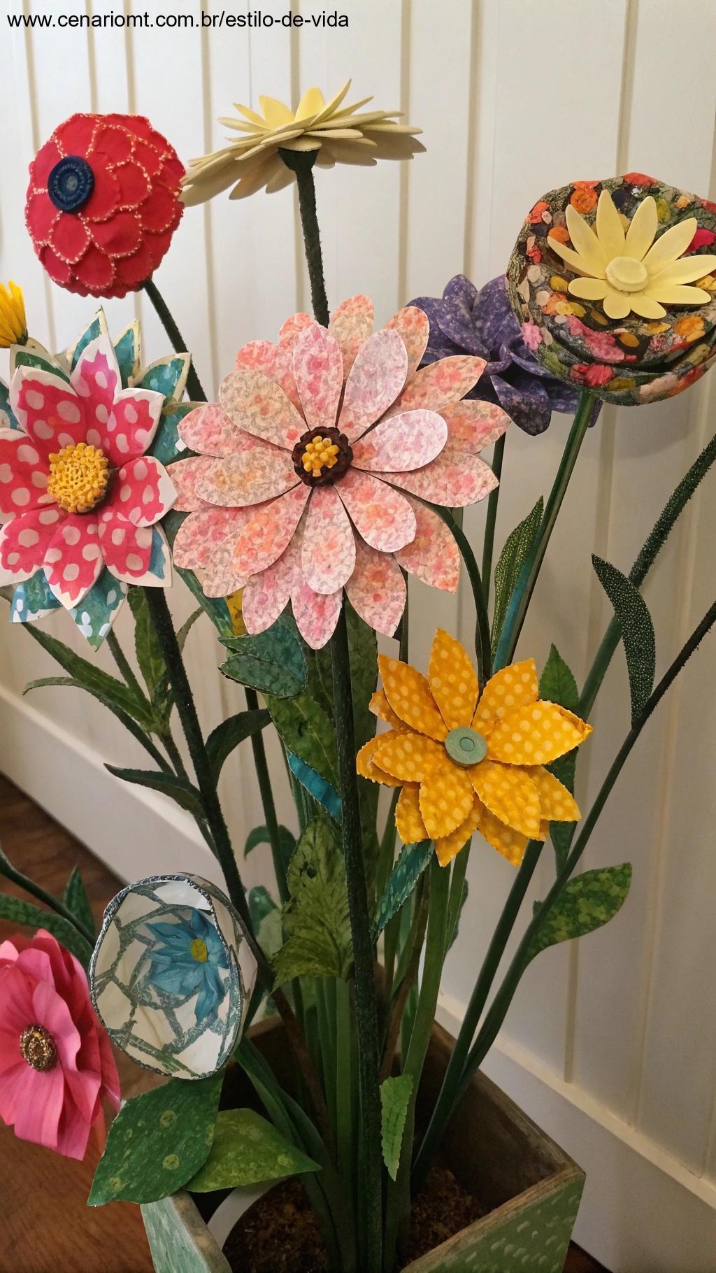 Flores de diferentes formas e tamanhos feitas de materiais recicláveis.