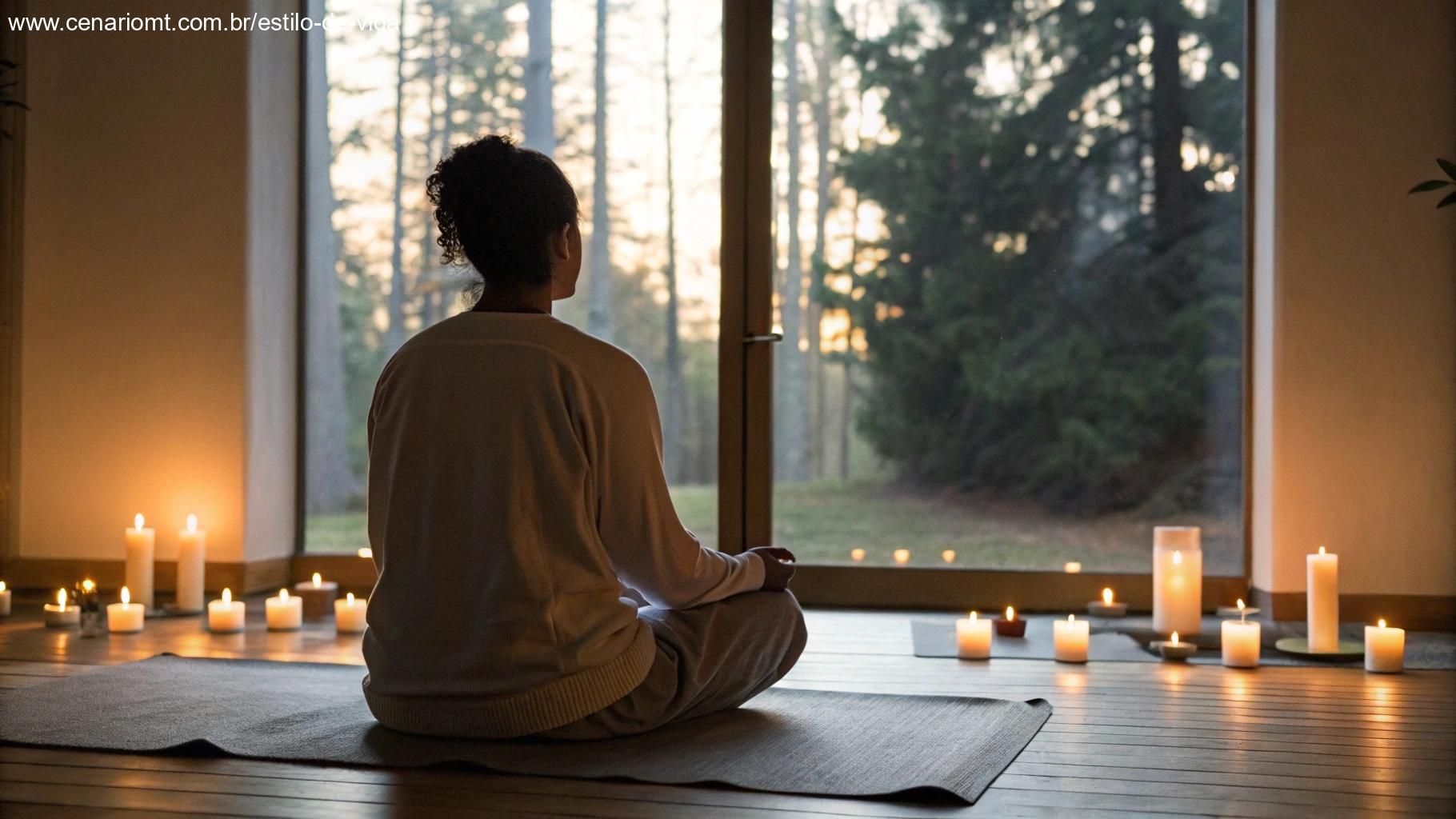 Cena tranquila de meditação, com uma pessoa sentada de pernas cruzadas em uma sala silenciosa, cercada de velas, simbolizando o fortalecimento da espiritualidade.