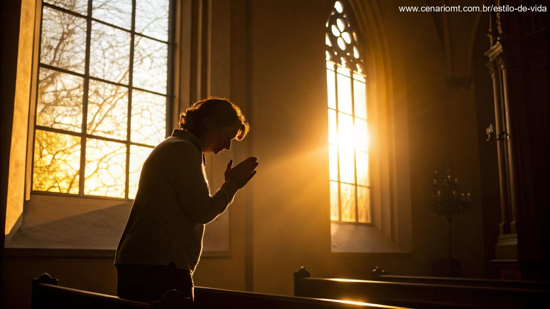 Luz dourada passando por uma janela de igreja, iluminando uma pessoa orando.