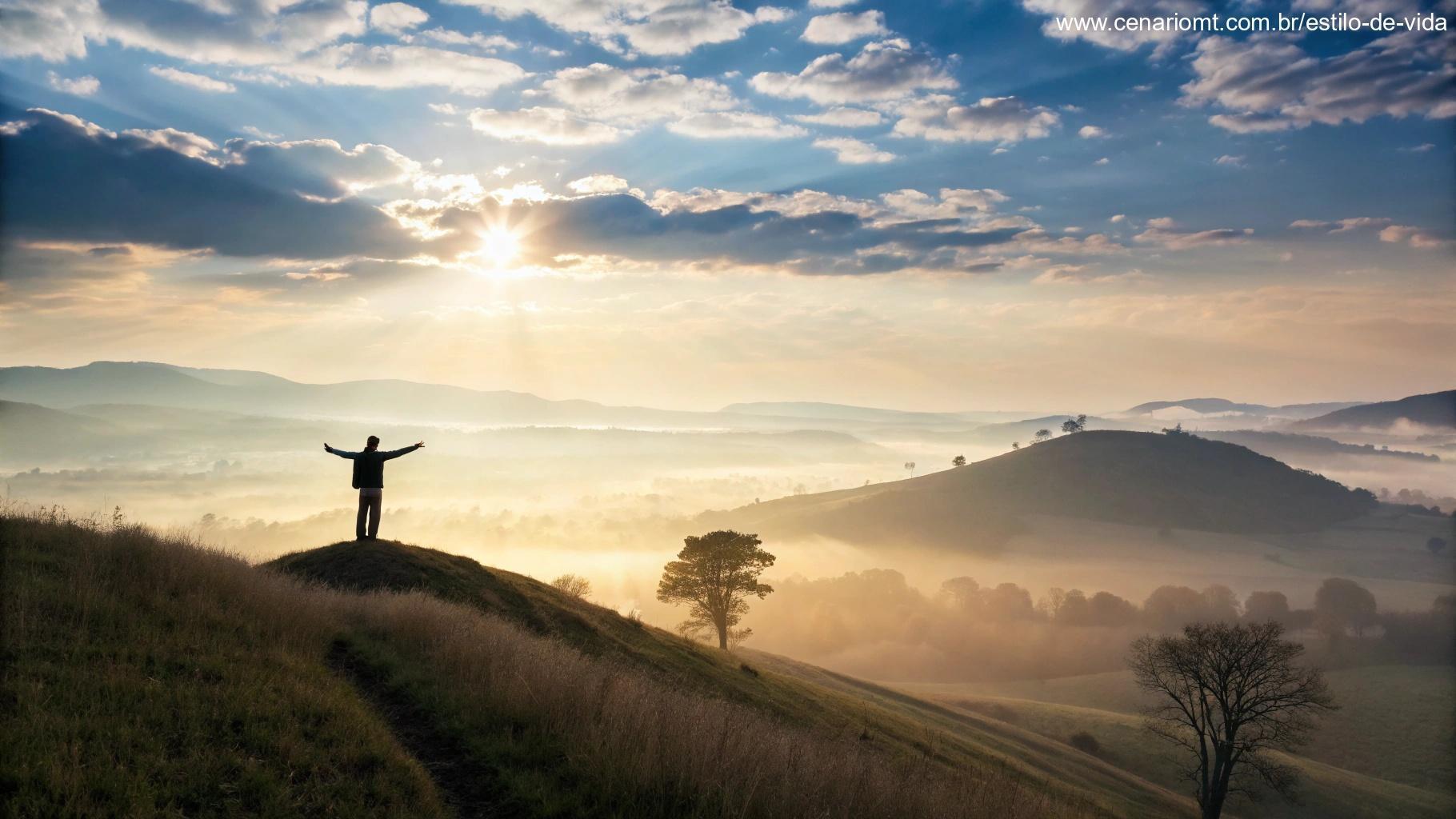 Paisagem espiritual ao amanhecer com figura em oração no topo de uma colina.