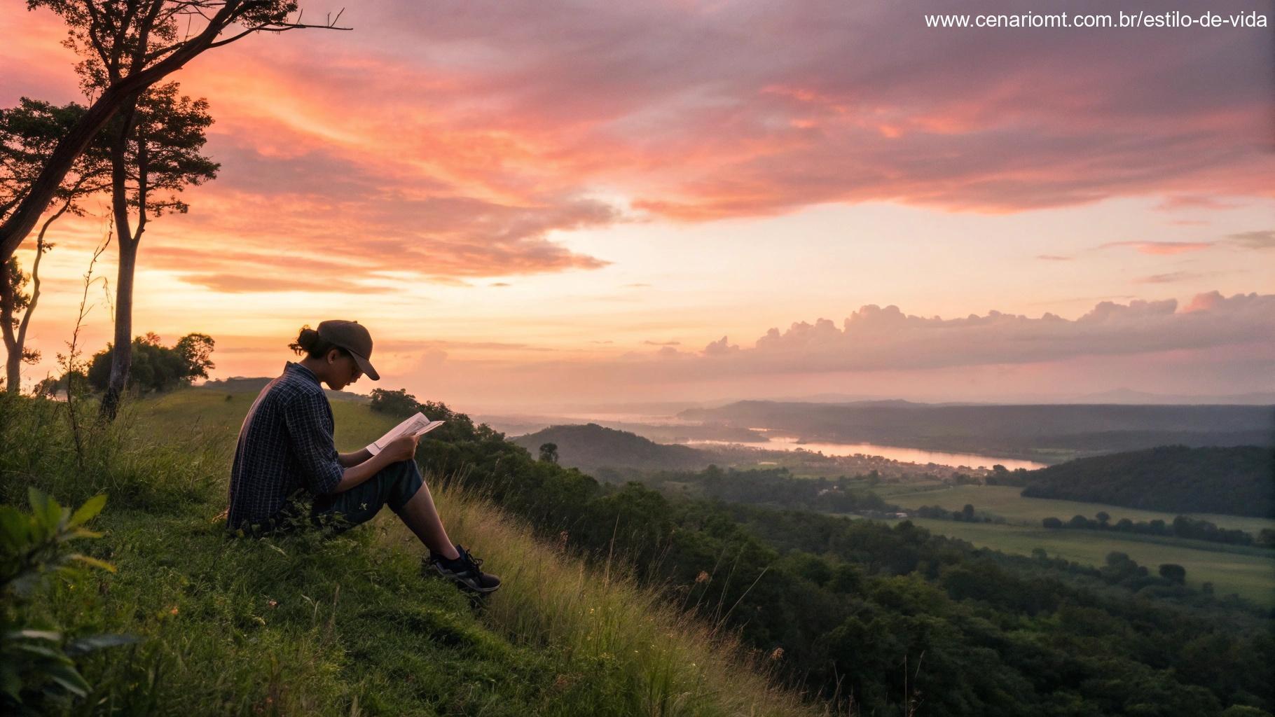 Pessoa lendo a Bíblia no topo de uma colina ao nascer do sol, em um cenário inspirador.