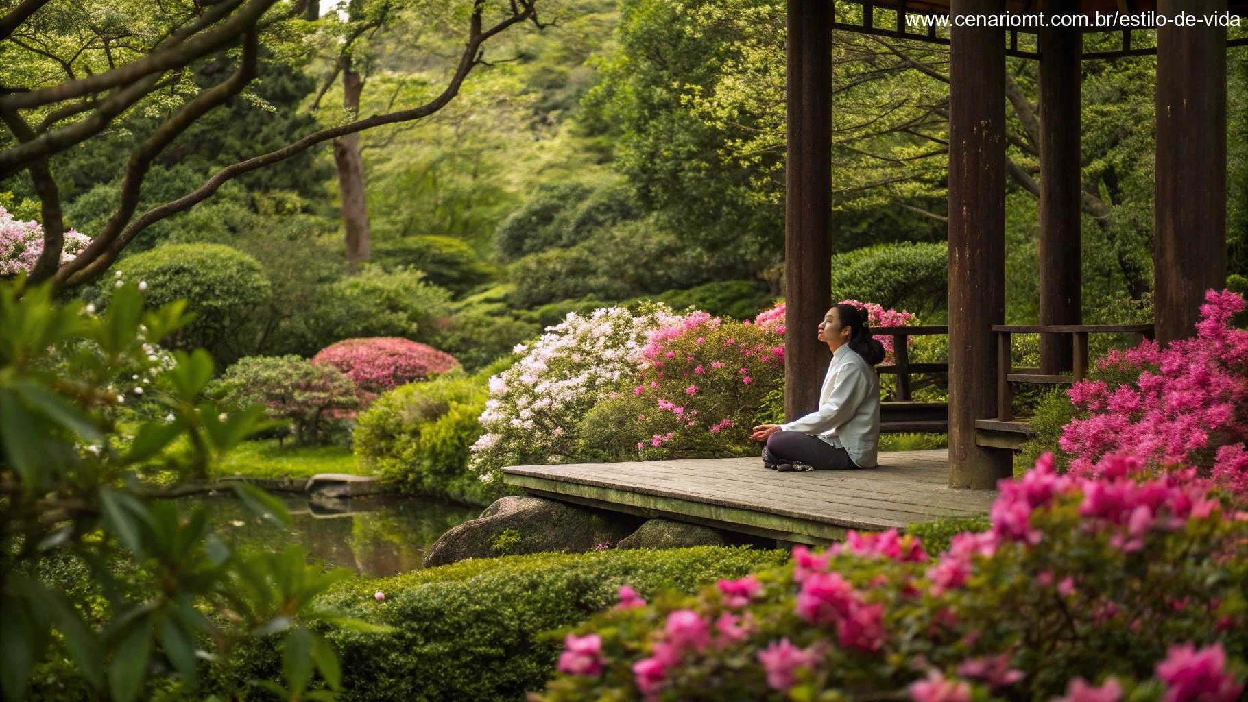 Uma pessoa meditando em um jardim sereno cercado por flores vibrantes e vegetação, simbolizando paz interior e reflexão.